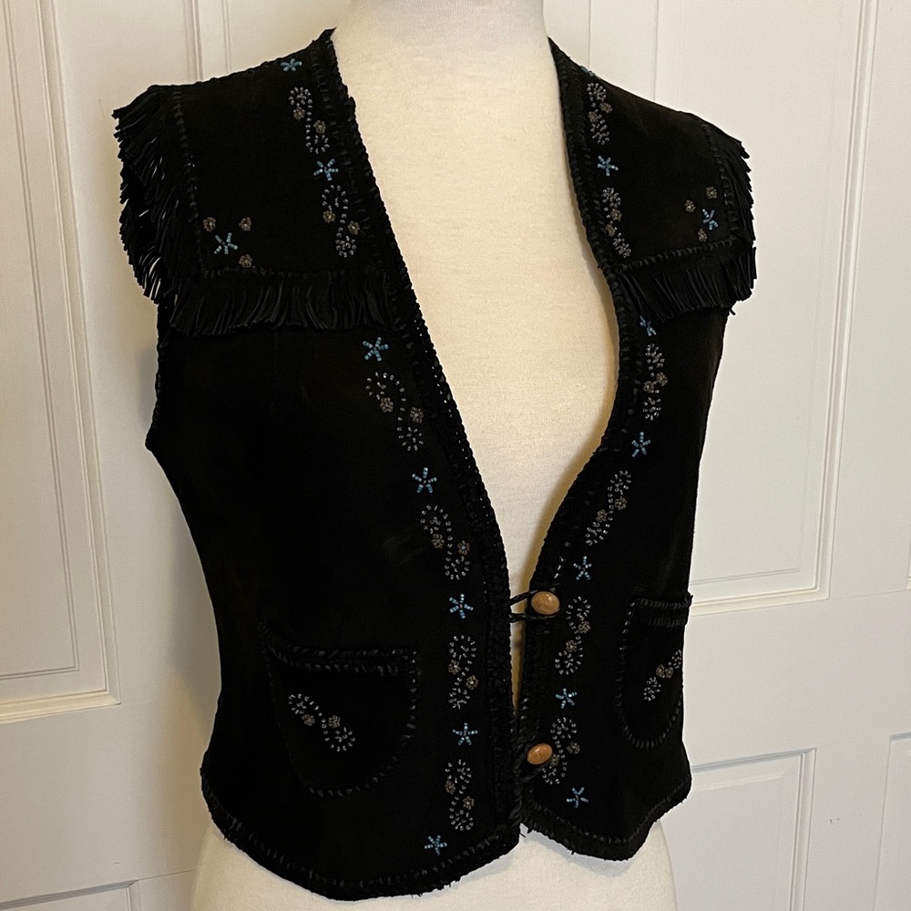 Vintage Native American-made Black Suede Beaded Embroidered Vest